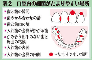 表２　口腔内の細菌のたまりやすい場所