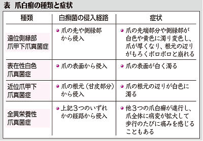 表　爪白癬の種類と症状